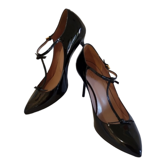 GUCCI  Mary Jane Black Patent Leather Pumps Skinny Heels and Straps - Picture 1 of 9